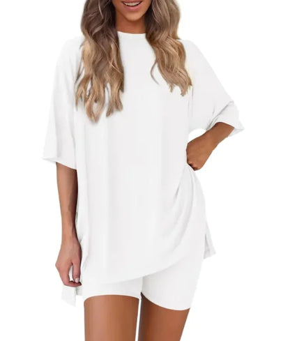 Women's Loose Fit Solid Color Short Sleeve & Shorts Casual Two-piece Set