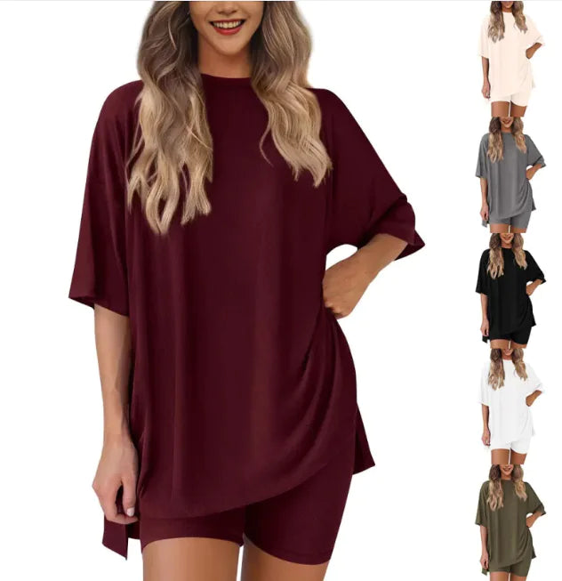Women's Loose Fit Solid Color Short Sleeve & Shorts Casual Two-piece Set
