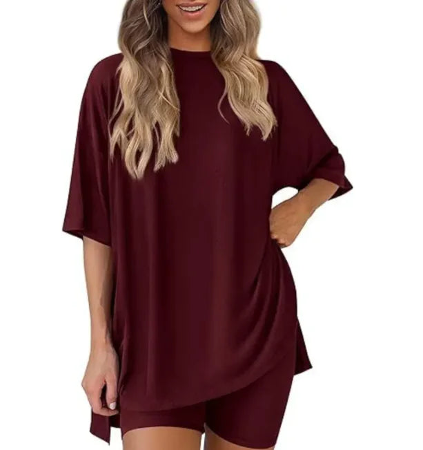 Women's Loose Fit Solid Color Short Sleeve & Shorts Casual Two-piece Set
