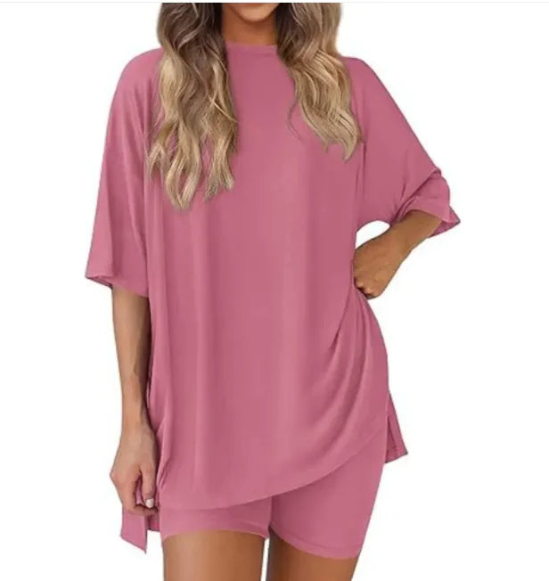 Women's Loose Fit Solid Color Short Sleeve & Shorts Casual Two-piece Set