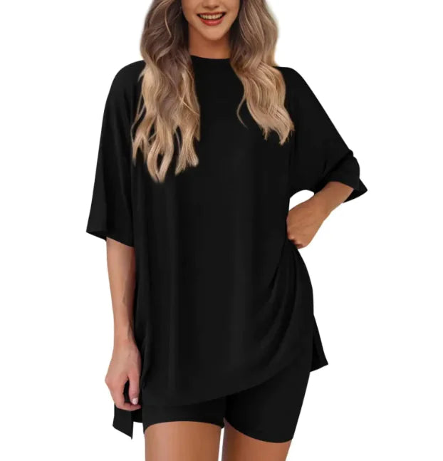 Women's Loose Fit Solid Color Short Sleeve & Shorts Casual Two-piece Set
