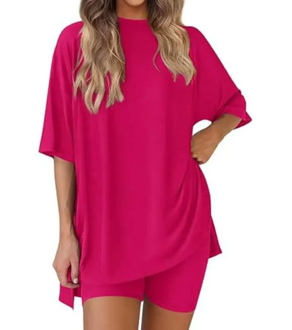 Women's Loose Fit Solid Color Short Sleeve & Shorts Casual Two-piece Set